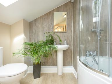 A bathroom with a toilet a pedestal sink a bathtub with a shower and a potted plant at Rose Cottage in Edlingham