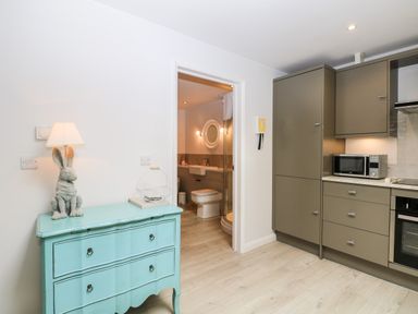 A kitchen with gray cabinets a microwave and a turquoise dresser with a rabbit lamp next to a bathroom at Rabbits Warren in Titchfield Common