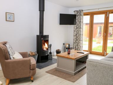 A living room with an armchair a wood burning stove a wall mounted television a coffee table and glass doors at Rabbits Warren in Titchfield Common