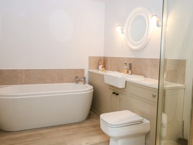 A bathroom with a bathtub toilet sink mirror and cabinet at Rabbits Warren in Titchfield Common