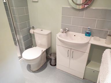 A bathroom with a toilet, sink, mirror, hand soap, and a shower at The Granary in Walford near Ross-on-Wye