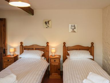 A bedroom with two wooden single beds two bedside tables with lamps and animal paintings above at Carthorse Cottage in Teignmouth
