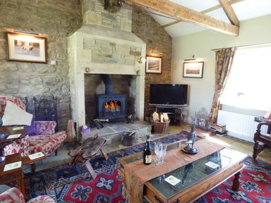 A living room with a stone fireplace wood burning stove TV upholstered chair and glass coffee table at Humbleton Cottage in Haydon Bridge near Hexham