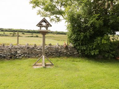 A grassy garden with a wooden bird feeder near a stone wall and a tree with a chicken on the wall at Bodegri Cottage in Llanrhyddlad near Church Bay
