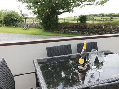 An outdoor patio with a glass table holding a bottle of prosecco and four wine glasses overlooking a garden with a bird feeder and stone wall at Bodegri Cottage in Llanrhyddlad near Church Bay
