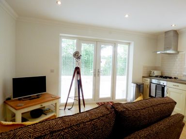 A living room and kitchen area with a sofa, tripod floor lamp, TV on a wooden table, and kitchen appliances at The Hideaway in Verwood