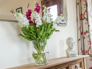 A vase with flowers and a phrenology head on a wooden sideboard with floral curtains at Stoney-Brook Lodge Bedlam near Ludlow