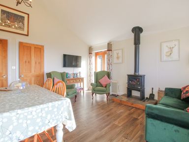 A living room with a dining table wooden chairs green armchairs a wood stove and a wall mounted television at Stoney-Brook Lodge in Bedlam near Ludlow