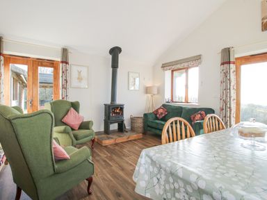 A living room with green armchairs a wood burning stove and a dining table at Stoney-Brook Lodge in Bedlam near Ludlow