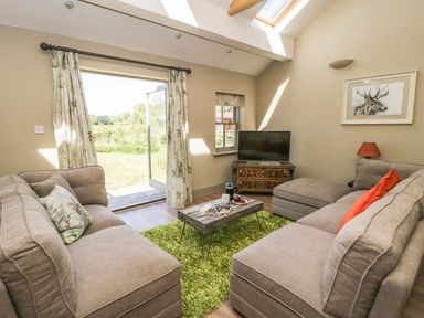 A living room with two grey sofas a green rug a wooden coffee table a television on a cabinet an open door with curtains and a window at Providence Cottage in Easingwold