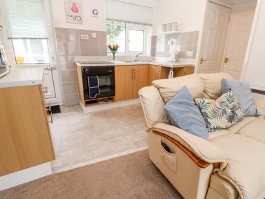 A kitchen area with wooden cabinets oven and a cream sofa with cushions at Brook Haven Rosecraddoc Lodge near Liskeard Cornwall