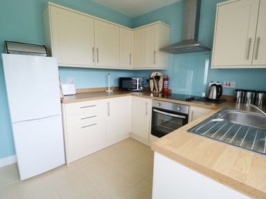 A kitchen with white cabinets refrigerator microwave oven and sink at Anneddle in Four Mile Bridge