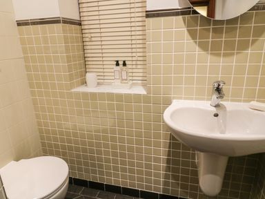A bathroom with a toilet sink mirror window blinds and soap dispensers at Hill Bank in Hutton Roof