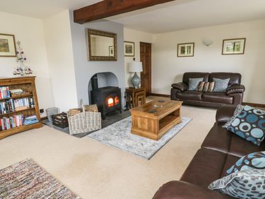 A living room with leather sofas a wood burning stove and a bookshelf at Hill Bank in Hutton Roof