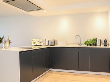 A modern kitchen with black cabinets a sink toaster kettle coffee maker and plants on the counter at Little Fistral in Fistral