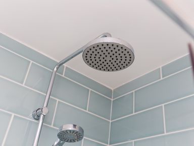 A shower head and arm in a bathroom at Tressa, Tor Down Quarry St Breward