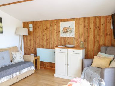 A living room with a beige sofa pillow and blanket a floor lamp a wooden cabinet a grey armchair with cushions and a blanket wooden paneled wall with a fox painting at Lakeside Lodge in East Harling near Thetford