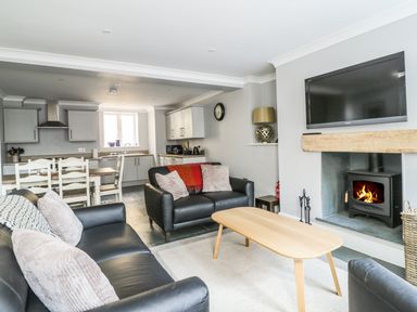 A living room with black leather sofas a wooden coffee table a fireplace with a fire and a wall-mounted TV at Ivy Bank in Windermere