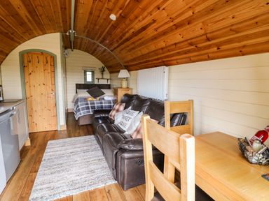 A small living space with a brown leather sofa pillows wooden dining table chairs bed and wooden ceiling at Meadow View in Rhayader