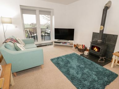 A living room with a teal sofa a blue rug a wood burning stove a television and patio doors opening to a balcony at Hen Stabl in Llanrwst