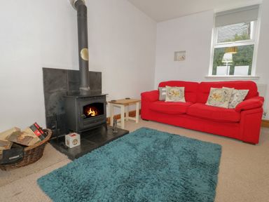 A living room with a red sofa a wood burning stove and a blue rug at Hen Stabl in Llanrwst