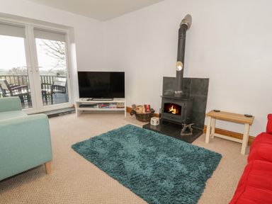 A living room with a wood stove a teal rug a television and seating at Hen Stabl in Llanrwst