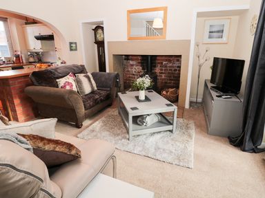 A living room with two sofas a coffee table a fireplace a television and a grandfather clock at Corbett Cottage in New Haggerston near Holy Island