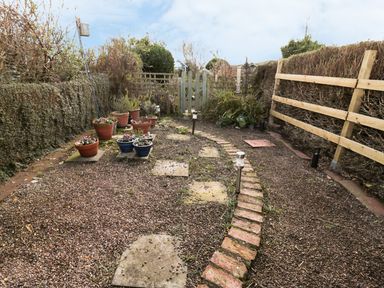 A garden with potted plants a gravel path and a wooden gate at Corbett Cottage in New Haggerston near Holy Island