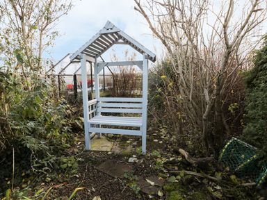 A garden area with a blue wooden bench and a small greenhouse surrounded by trees and shrubs at Corbett Cottage in New Haggerston near Holy Island