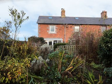A garden with various plants and bushes in front of a red brick house at Corbett Cottage in New Haggerston near Holy Island