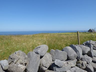 A stone wall in front of a grassy field with the sea and a house in the distance at Seaview Cottage in Fanore County Clare