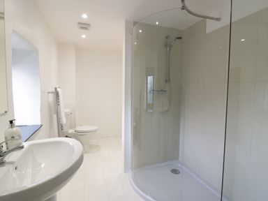A bathroom with a sink, toilet, shower area with glass partition, and a window at Lower West Curry Cottage in Launceston