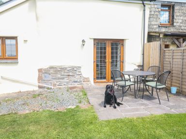 A backyard patio with a round table four chairs and a black dog sitting on the stone floor at Lower West Curry Cottage in Launceston