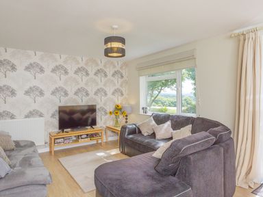 A living room with a television on a wooden stand and sofas near a window at Dartmoor View in Gunnislake