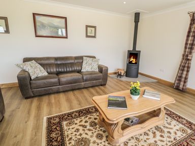 A living room with a brown leather sofa a wooden coffee table with books and a potted plant a wood burning stove and framed pictures on the wall at Rede River Cottage in West Woodburn