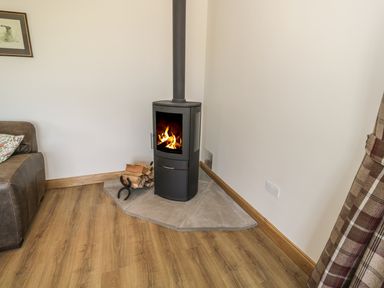 A corner of a room with a wood burning stove on a stone hearth beside a stack of firewood and a brown sofa at Rede River Cottage in West Woodburn