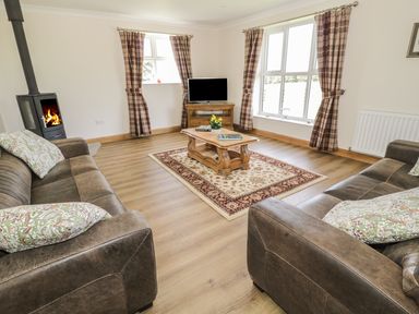 A living room with two brown sofas a coffee table a rug a wood burning stove and a television at Rede River Cottage in West Woodburn