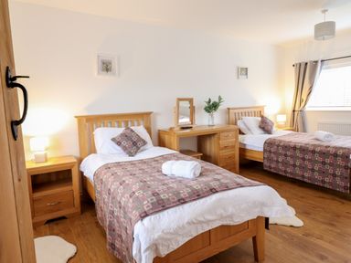 A bedroom with two single beds a bedside table with lamp and a wooden desk with a mirror and plant at Gwynfa in Rhyd Uchaf near Bala Gwynedd