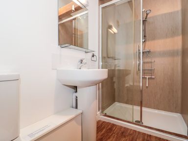 A bathroom with a toilet a sink and a shower with glass doors at Snowdrop Cottage in Llantwit Major