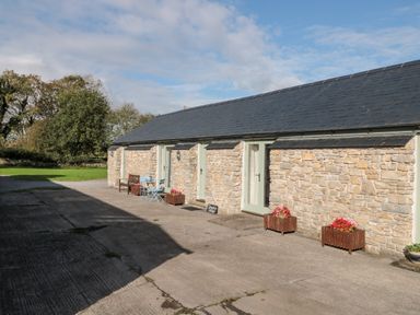 A stone building with three doors and flower pots on a concrete patio at Snowdrop Cottage in Llantwit Major