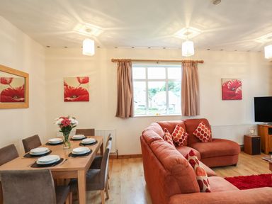 A living room with an orange sofa and a dining table set with plates and flowers at The Cabin in Combe Martin