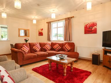 A living room with an orange sofa red cushions wooden coffee table and a television at The Cabin in Combe Martin