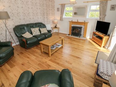A living room with green leather sofas a wooden coffee table a fireplace and a television at Tyn Y Giat in Brynsiencyn near Beaumaris