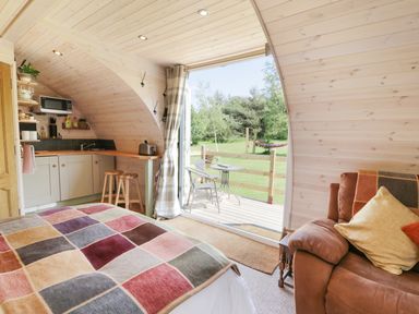 A small living space with a bed a kitchenette a brown armchair and an open door leading to a deck with a table and chairs at Idris Pod in St Asaph