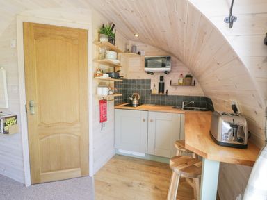 A small kitchen with wooden countertops stools a toaster a microwave and shelves with dishes and plants at Idris Pod in St Asaph