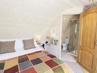A bedroom with a bed pillows bedside lamp bookshelves and an open door showing a bathroom with a toilet and shower at Idris Pod in St Asaph