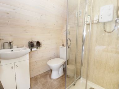 A bathroom with a sink cabinet toilet glass shower enclosure and wooden panel walls at Idris Pod in St Asaph