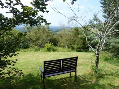 A wooden bench on a grassy area surrounded by trees overlooking a distant landscape at Idris Pod in St Asaph