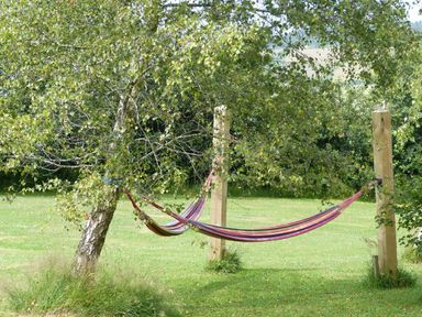 A striped hammock tied between a tree and wooden posts in a grassy garden at Idris Pod in St Asaph