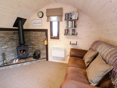 A cozy room with a brown sofa, wood-burning stove, small window, bookshelves, and carpet at Gelert Pod in St Asaph